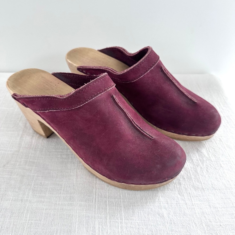 No.6 Old School Clog Burgundy Nubuck Leather Wood Heel Mule Shoes EU‎ 40